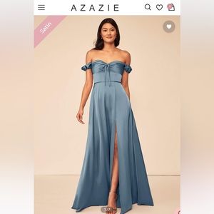 Azazie A-Line Off the Shoulder Stretch Satin Floor-Length Dress Dusty Blue